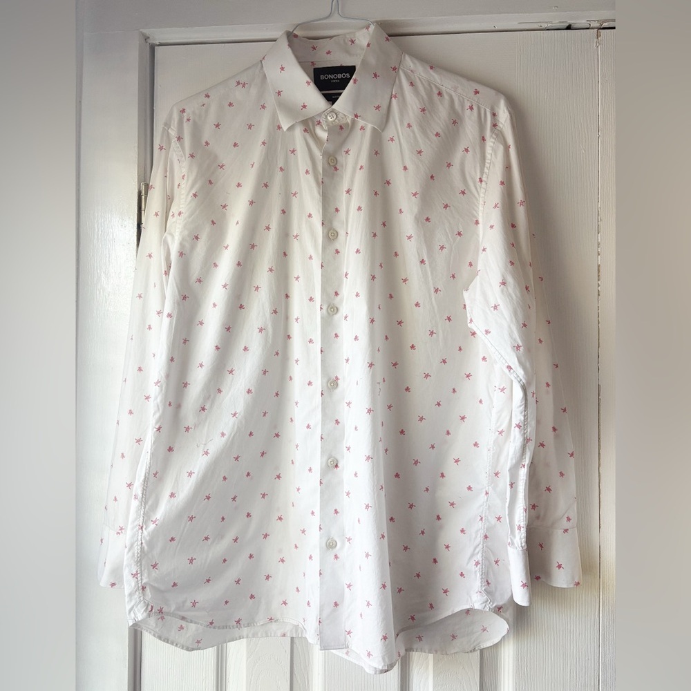 Bonobos Stretch Slim Fit White Shirt Button‎ Up Pink Turtles Size 17 / 42